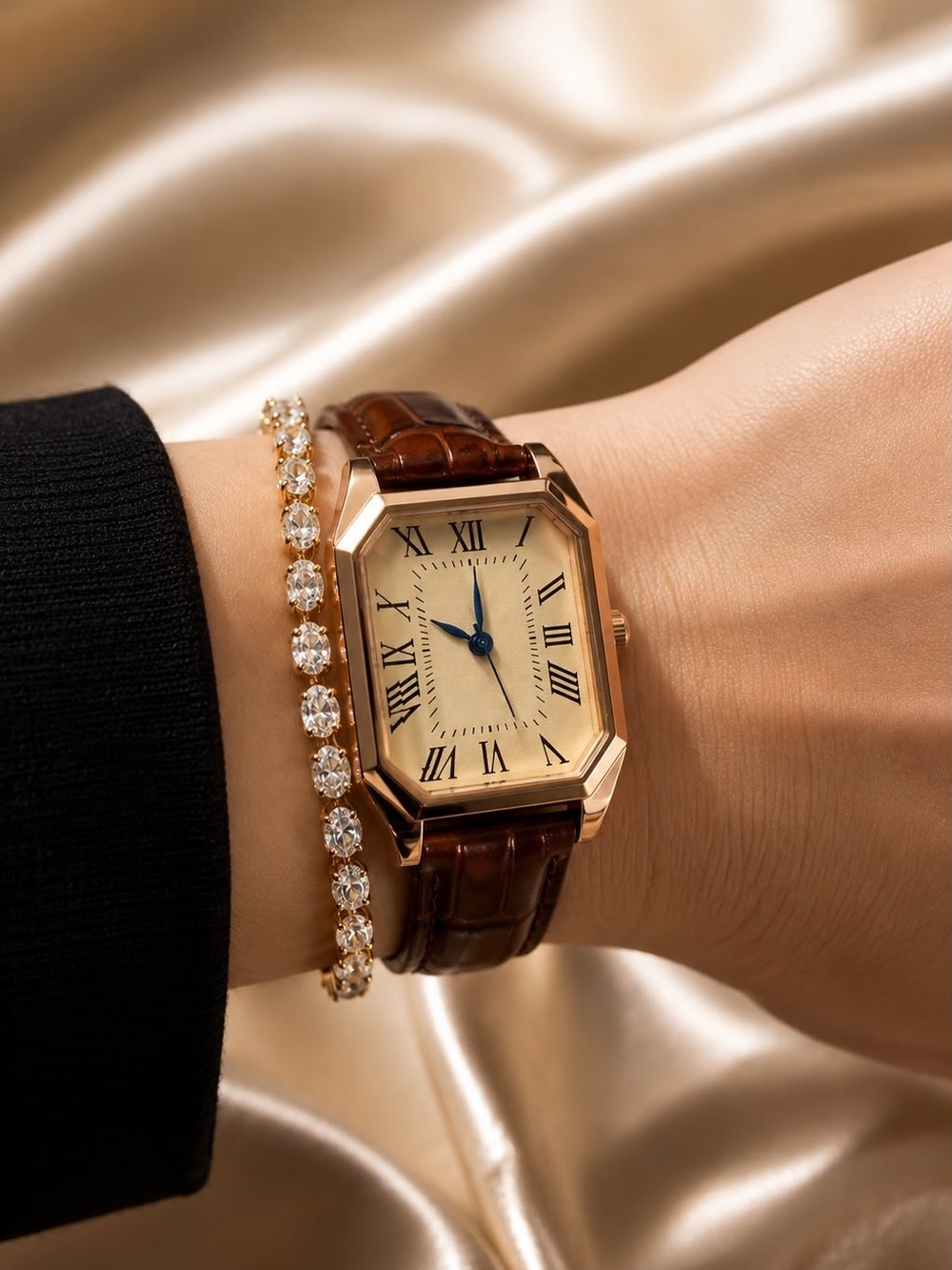 Classic Rectangular Gold-Tone Watch with Brown Leather Strap - Picture 6 of 6
